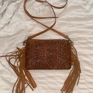 Leather Embroidered Floral Fringe Crossbody Bag